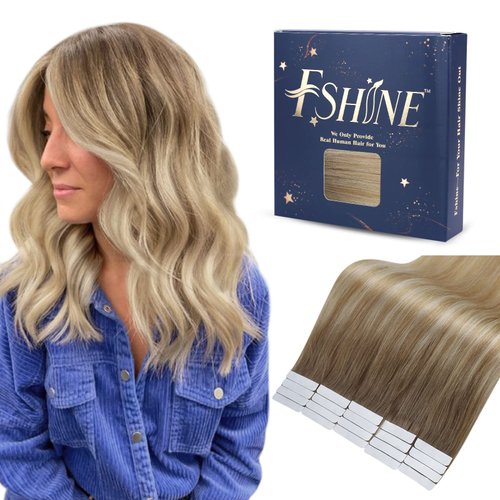 Fshine Ombre Tape in Hair Extensions 12 Inch Chestnut Brown to Caramel Brown and Platinum Blonde Tape in Hair Extensions Human Hair Brown Tape in Human Hair Extensions for Short Hair 30 Grams 20pcs