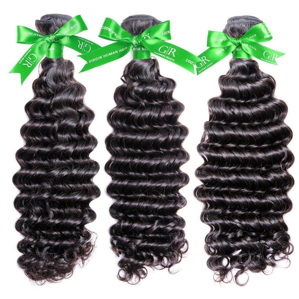 GoldRose Beauty Grade 6A Unprocessed Brazilian Remy Deep Wave Virgin Human Hair Extensions Natural Black Color Mix Length 12" 14" 16" Pack of 3 Bundles