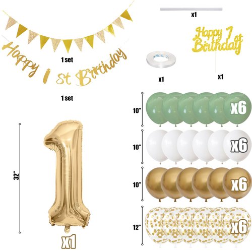 1st Birthday Decorations for Boys Girls, Sage Green White Gold Birthday Balloons with Happy 1st Birthday Banner First Birthday Cake Decoration Number 1 Balloon for Baby 1 Year Old Birthday Party Decor