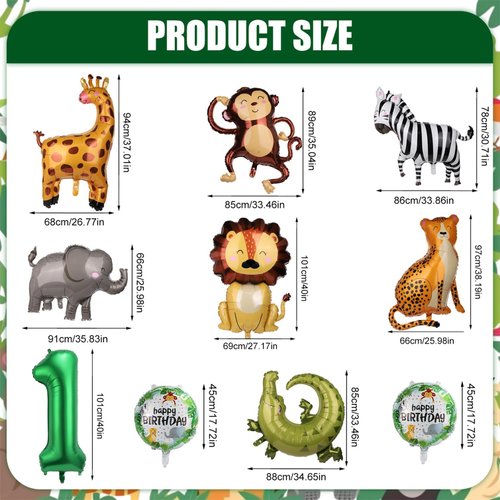 10pcs Jungle Safari Animal Balloons, Cute Jungle Theme Zoo Party Supplies Monkey Elephant Zebra Leopard Crocodile Giraffe Shaped for Birthday Party Decor (Number 1)