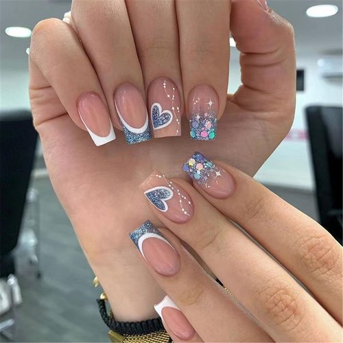 Tejecu Press on Nails Medium Square Coffin Fake Nails with Glue on Nails Pink with Blue Heart False Nails for Valentine's Day Stick On Nails For Women in 12 Sizes And 24pcs Acrylic Nail set