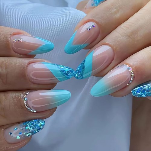 IMSOHOT Almond Press on Nails French Medium Blue Fake Nails Glitter Gradient False Nails with Designs Rhinestone Full Cover Acrylic Nails Glossy Glue on Nails for Women 24pcs