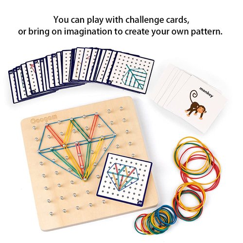 Coogam Wooden Geoboard Mathematical Manipulative Material Array Block Geo Board – Graphical Educational Toys with 30Pcs Pattern Cards and Latex Bands Shape STEM Puzzle Matrix 8x8 Brain Teaser for Kid
