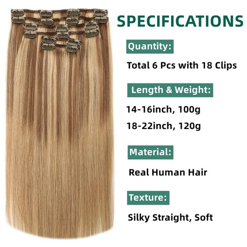 VINBAO Human Hair Extensions Clip in Hair Extensions Balayage Ash Brown to Caramel Blonde 14 Inch 100g 6pcs Remy Clip in Hair Extensions Straight Thick Hair Extensions (#10/16/16, 14'')