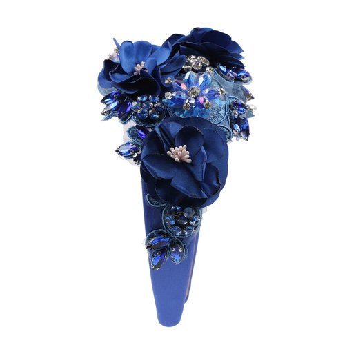 Big Chunky Flower Headband Crystal Bead Handmade Wide Jeweled Hairband Hairwear Accessories Festival Rhinestone Hair Band (royal blue)