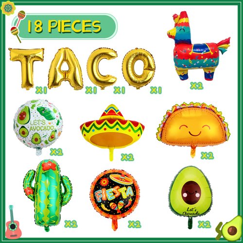 18 PCS Fiesta Party Balloons Supplies Taco Balloons Mexican Balloons Cinco De Mayo Party Decorations Cactus Avocado Hat Jumbo Mylar Foil Balloons Fiesta Party Decorations