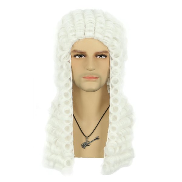 VGbeaty Judge Lawyer Barrister Colonial Wig Long Curly White Wig 18th Century Men Halloween Costume Cosplay Wig