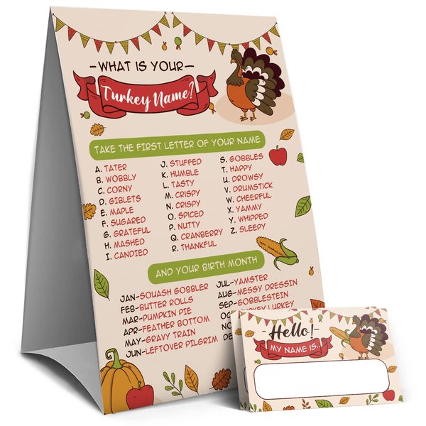 Muruseni Thanksgiving Games Sign - What's Your Turkey Name Game, Thanksgiving Games and Activities for Family, Fall Party Games（3C）