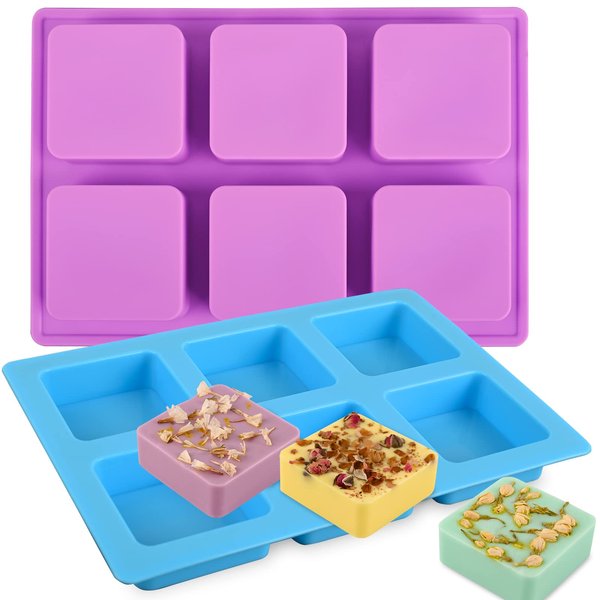 Sakolla 2 Pack 6 Cavity Silicone Soap Molds Square Bar Silicone Molds for Soap Making Supplies DIY Cupcake, Cheesecake, Cornbread, Muffin Molds Tray