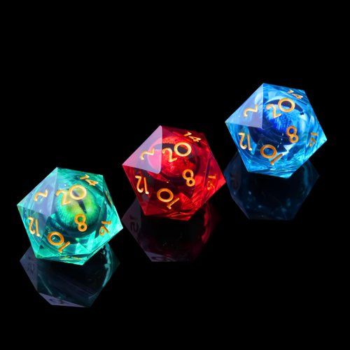 YEMEKO 3Pcs D20 Dargon Eye Liquid Core DND Dice Set with 3 Color 22mm Resin Sharp Edge, 20 Sided D&D Dice 22mm Handmade Polyhedral D&D Dice for RPG, MTG Table Games(Green/Red/Blue)