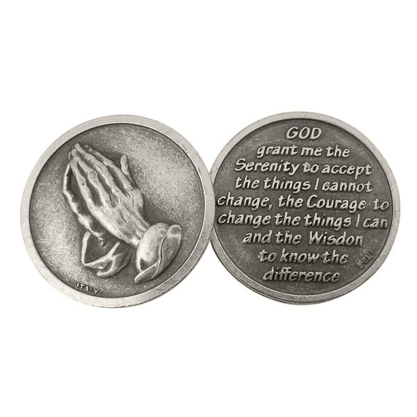 Silver Tone Serenity Prayer Praying Hands Pocket Prayer Token Medal, 1 1/8 Inch by WJH