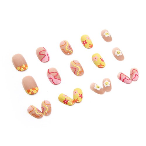 24 Pcs Flower Press on Nails Short, Almond French Tips Fake Nails Short Glue on Nails, Sun Flower False Nails with Glue Stickers, Cute Acrylic Nails Short for Women and Girls