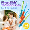 Trueocity Kids Toothbrush 4 Pack - Soft Contoured Bristles - Child Sized Brush Heads (3-10 Year Old) - Suction Cup for Fun & Easy Storage - Girl & Boy Set (Blue & Orange)