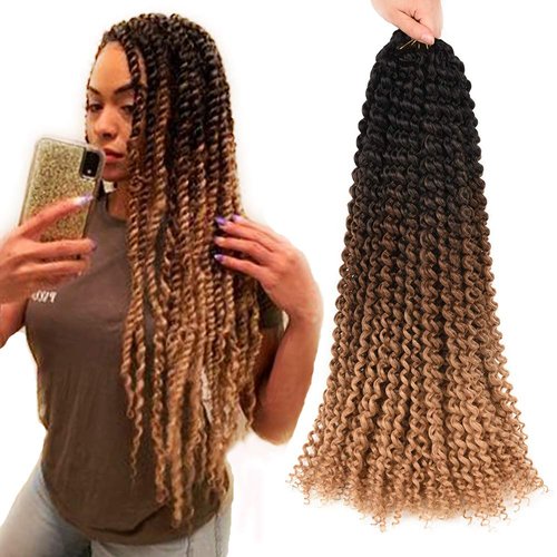 Ombre Passion Twist Hair 22 Inch Long Water Wave Crochet Braids Bohemian Curly Twist Synthetic Braiding Hair Extensions For Black Woman 6 Packs (22inch, Black-dark brown-light brown)