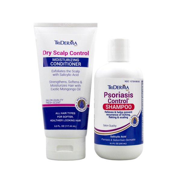 TriDerma Psoriasis Control Scalp Exfoliator Shampoo 8.3 oz and Dry Scalp Moisturizing Hair Conditioner 6.0 oz, Salon Quality Dry Scalp Treatment and Hair Care, Fresh Rosemary Oil, Value Bundle