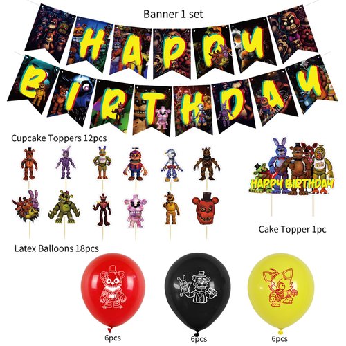 Freddy's Birthday Party Decorations, 5 Nights Decorations include Banner,Cake Toppers, Balloons for Kids Baby Shower Birthday Party Supplies (Black)