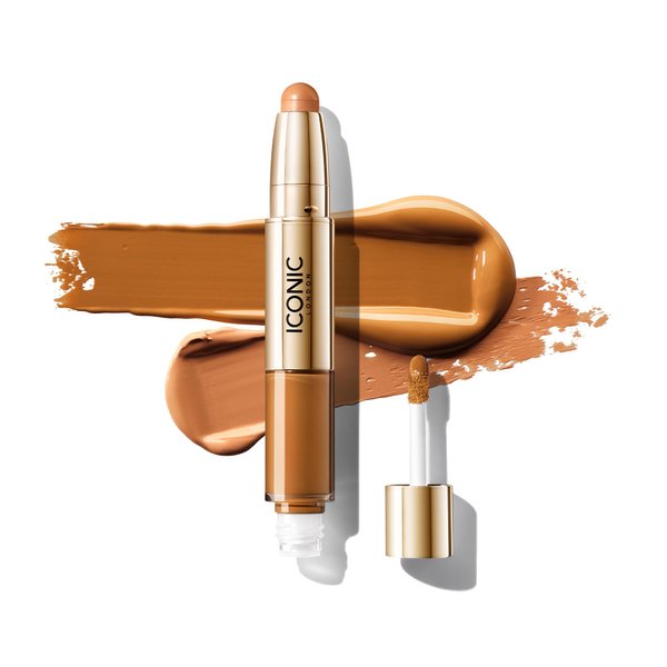 ICONIC LONDON Radiant Concealer & Brightening Duo | Creamy Liquid + Brightening Crayon Dual Ended Concealer, Cruelty Free, Vegan Makeup (Golden Deep) 0.08 oz