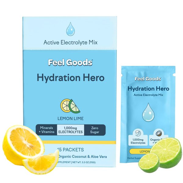 Feel Goods Hydration Hero - 1,000mg Electrolytes Powder, Sugar Free, Organic Fruits, Trace Minerals & Vitamins, Hydration Packets, Keto - Lemon Lime, 0.2 Ounce Packets (Pack of 15)