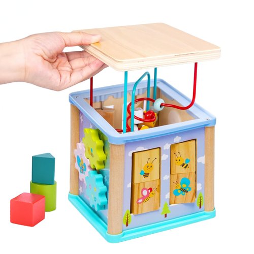 CHILDLIKE BEHAVIOR Montessori Cube Toy for Motor Skills - Shape Sorting Cube - Educational Wooden Sensory Blocks for Toddlers 1-3 - Enhances Coordination, Learning, and Development