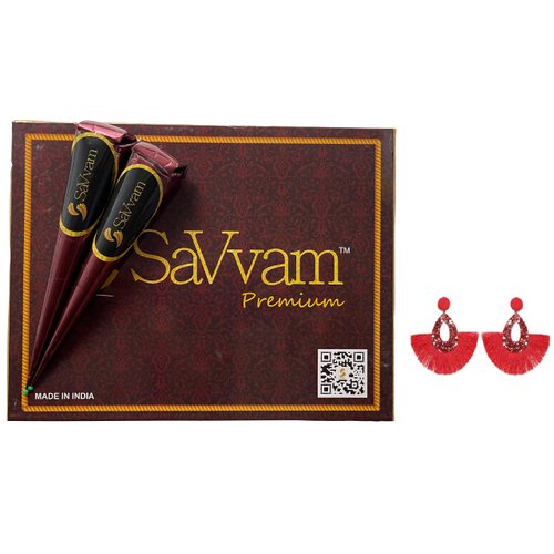 SaVvam 6 Pack 100% Natural Ready to Use Maroon Hair Color & Hair Dye Cones Plus Shinny Tassel Dangle Earring (Red)