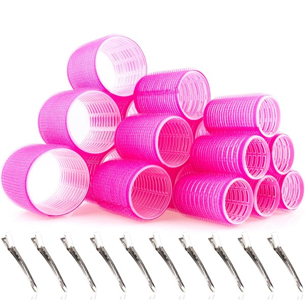 Yatinkim Hair Roller Set 32 pcs Self Grip 3 Sizes Rose Red 2.3in 1.7in 1.4in Rollers Curlers Heatless DIY Salon for Women Long Medium Short Thick Fine Volume and Bangs