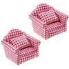 2 Sets 1:12 Scale DIY Dollhouse Sofa&Armchair with Pillow Mini Dolls House Furniture Couch&Chair Miniature Wooden Furniture Handmade Crafts Supplies Red Checkered Dollhouse Toy Dollhouse Accessories
