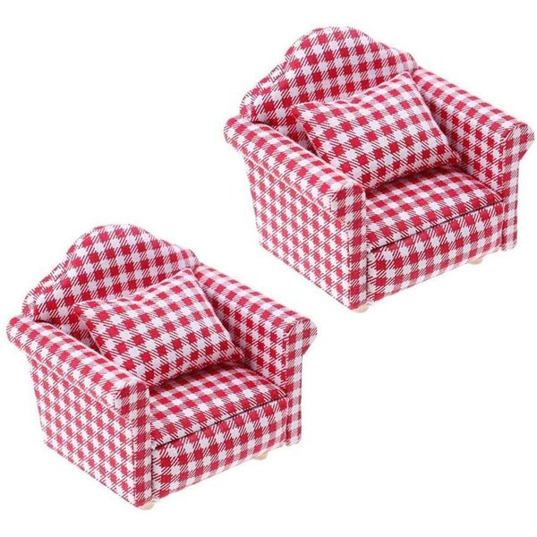 2 Sets 1:12 Scale DIY Dollhouse Sofa&Armchair with Pillow Mini Dolls House Furniture Couch&Chair Miniature Wooden Furniture Handmade Crafts Supplies Red Checkered Dollhouse Toy Dollhouse Accessories