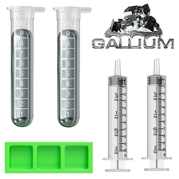 Gallium Liquid Metal 100 Grams, 99.99% Pure Melting Gallium - Two 50g Vials (100g), Two Syringes, Three Silicone Mold Cubes, and Complete DIY Science Experiment Guide