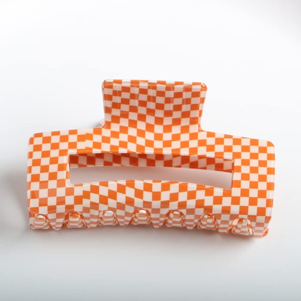 Checkered Hair Claw Clips,Pack of 1,Vintage Checkered Claw Clips Cellulose Acetate Banana Clips,Nonslip Banana Hair Clamp for Women Girls (Orange,L)