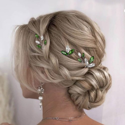 Casdre Green Rhinestone Bridal Hair Pins Silver Bride Wedding Hair Pieces Small Hair Clips Crystal Hair Accessories for Women and Girls (Pack of 4)