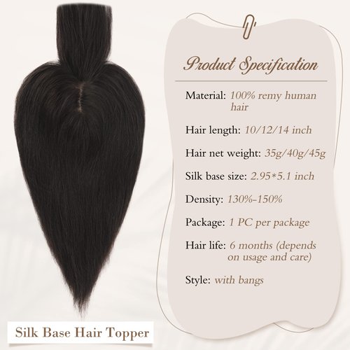 RUWISS Human Hair Topper with Bangs Crown Topper Hair Pieces for Women Short Wiglet Topper for Thinning Hair 7.5 * 13CM Silk Base 100% Real Human Hair Clip in Topper 14Inch 45g（Natural Black）