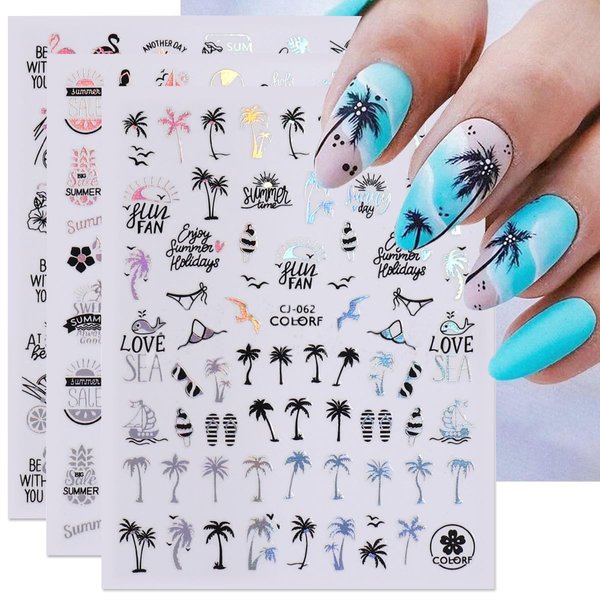 6 Sheet Summer Nail Art Stickers Decals - 3D Laser Palm Tree Nail Stickers Coconut Tree Stickers for Nails Tropical Starfish Beach Design Manicure Decals for Summer Nail Art Decorations