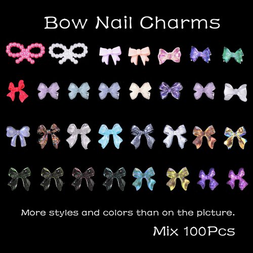 100Pcs 3D Bow Nail Charms Mix Color Variety Assorted Bows Nail Art Charms Cute Bow Nail Charms for Manicure DIY Crafts Accessories Jewelry