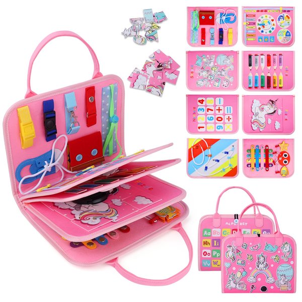 Busy Board, Montessori Toys for 1 2 3 4 Year Old Girl Birthday Gifts, Educational Sensory Toy for Learning Activities Fine Motor Skills, Road Trip Airplane Travel Toys for Toddlers Kids Age 1-3 2-4