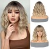 MeaYOO Ombre Blonde Wig with Bangs Short Bob Wavy Wig with Bangs for Women Loose Curly Shoulder Length Wig Synthetic Wig Cosplay Wig for Girl Daily Use Colorful Wig Cosplay Wigs 14 Inch