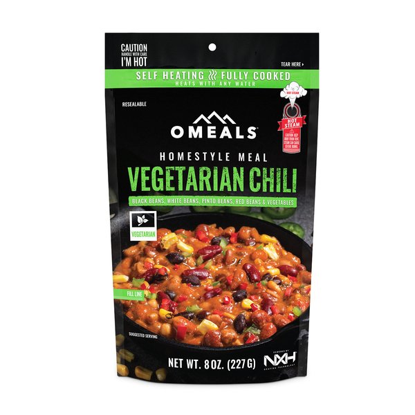OMEALS Vegetarian Chili-MRE-Extended Shelf Life-Fully Cooked w/Heater-Perfect for Outdoor Enthusiasts, Travelers, Emergency Supplies-USA Made