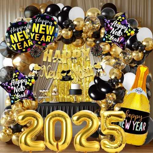121Pcs New Years Eve Party Supplies 2025 Black and Gold New Year Party Decorations 2025 Balloons Arch Set include Happy New Year Banner, Fringe Curtains, 2025 Balloons for New Years Eve Decorations