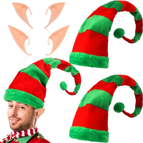 4 Pcs Christmas Elf Hats and Elf Ears, Halloween Storybook Character Costumes, Christmas Elf Costumes Accessories Fake Ears for Christmas Fairy Tale Costumes Party Gnome Costumes (Stripe Style)