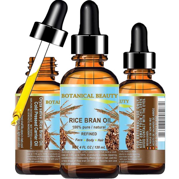 Botanical Beauty RICE BRAN OIL 100% Pure Natural Refined Undiluted Cold Pressed Carrier Oil for Face, Skin, Body, Hair, Massage, Nails. 4 Fl. oz - 120 ml