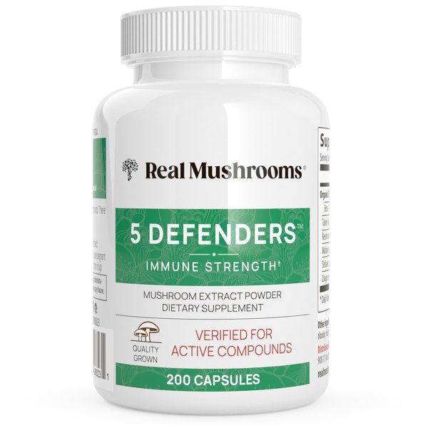 Real Mushrooms 5 Defenders Capsules - Organic Mushroom Extract w/ Chaga, Shiitake, Maitake, Turkey Tail, & Reishi - Mushroom Supplement - Vegan, Non-GMO