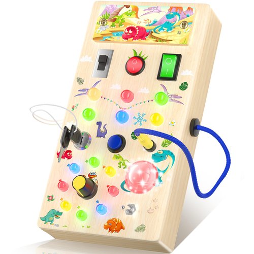 ANEVIT Dinosaur Montessori Toddler Busy Board, Toddler Toys with Music and LED Light Switches, Wooden Sensory Toys Light Switch Toys Travel Toys, Toys for 1 2 3 Years Old Baby and Toddler