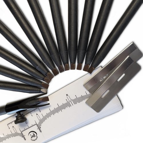 Ink Permanent [12 Pack] Eyebrow & Microblading Pencil, Brow Pencil Mapping Kit for Microblading, Permanent Makeup with Eyebrow Pencil Sharpener - Eyebrow Shaper and 10 Eyebrow Ruler Dark Brown
