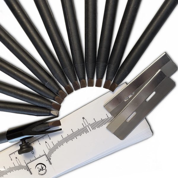 Ink Permanent [12 Pack] Eyebrow & Microblading Pencil, Brow Pencil Mapping Kit for Microblading, Permanent Makeup with Eyebrow Pencil Sharpener - Eyebrow Shaper and 10 Eyebrow Ruler Dark Brown