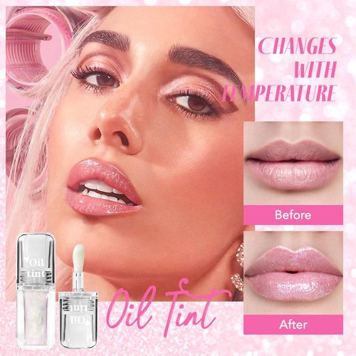 FeiCuiYun Translucent Pink Magic Color Changing Lip Glow Oil, Long Lasting Nourishing Lip Glow Oil Non-sticky Fresh Texture Lip Gloss, (Fine Pearl Shimmer Lip Oil, 1 Pcs)