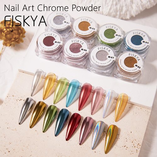 Fiskya Chrome Nail Powder Mirror Effect Holographic Laser Iridescent Nail Art Decoration Glitter Powder, Silver Gold Red Green Blue Pink and Laser Silver Laser Gold, 8 Colors 1g or 0.8g/Jar