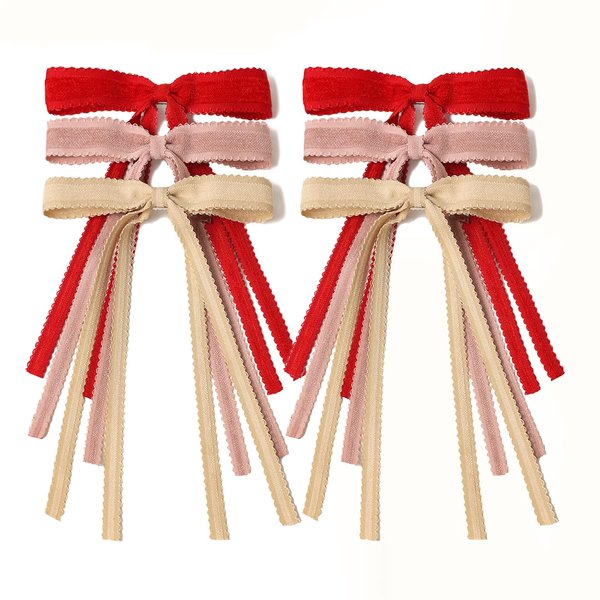 LFOUVRE Hair Bows for Women,Lace Bow Hair Clips for Girl, Hair Ribbon Bow with Long Tail, Bow Hair Clips Metal Pink Hair Bow, Red Bow for Girls, Pink Bow Clips Hair Accessories for Teens 6pcs