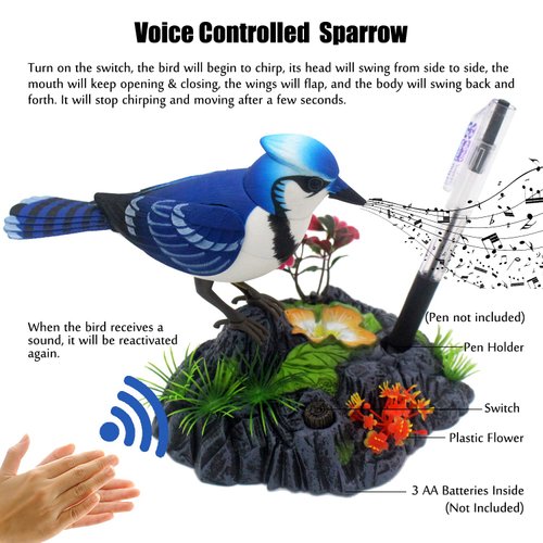 Tipmant Cute Electronic Birds Toys Pets Simulation Realistic Move Chirp Electric Office Home Desk Decor Decoration Kids Birthday Gifts (Blue & White)