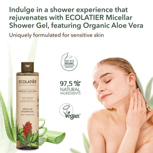 ECOLATIÈR Micellar Shower Gel Deep Hydration with Organic Aloe Vera – 97.5% Natural, Vegan Body Wash for Women & Men, Moisturizing for Sensitive Skin - 11.8 Fl Oz / 350ml