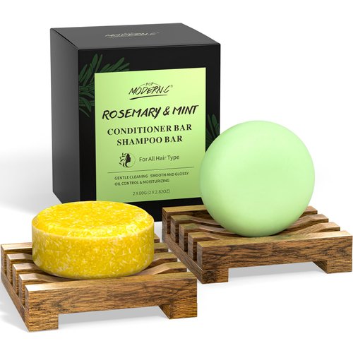 Rosemary Shampoo and Conditioner Bar Set for Hair Growth Solid Shampoo Conditioner Soap for Straight Curly Oily Dry Hair Moisturizing Cleansing Zero Waste 2x80g Soaps 2 Wooden Holder Mother's Day Gift