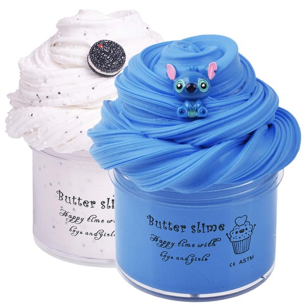 2 Pack Butter Slime Kit Soft Cotton Putty DIY Sludge Toys for Girls Boys Blue White Premade Butter Slime for Kids Party Favors(100ML Each*2)